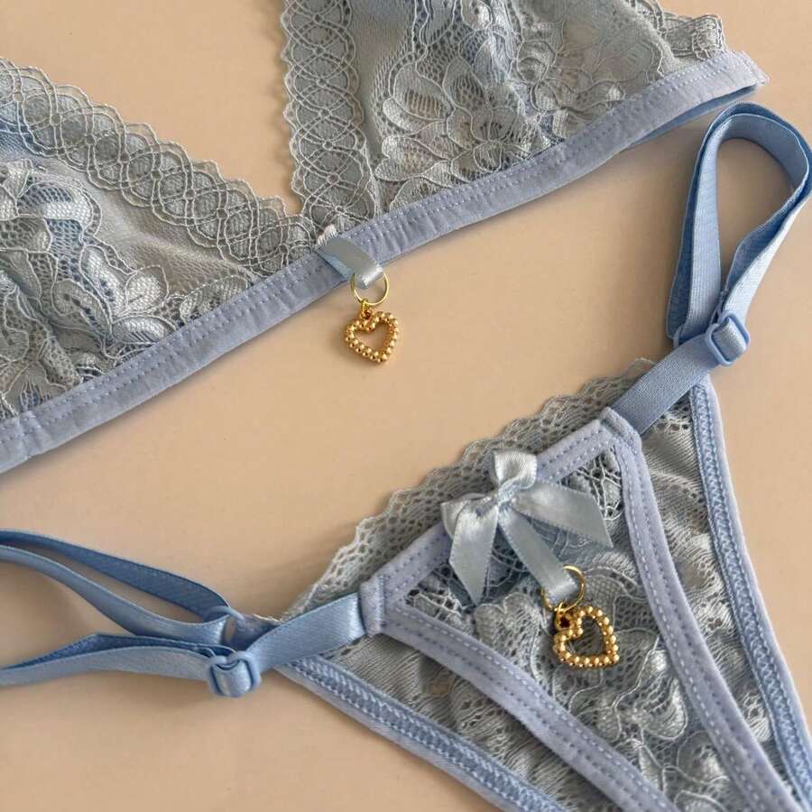 Sexy Backless Thong Set With Pendant Detail - 淺藍色 - 查看 1