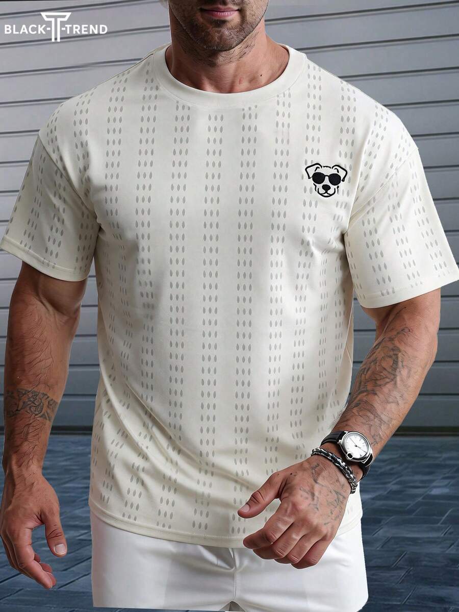 Men's Casual Striped Dog Logo Print Short Sleeve T-Shirt, Summer - Multicolor - View 1