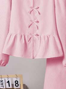 Left Mama Girls Sweet Cute Striped Bow Long Sleeve Top And Straight Pants Set, Spring/Autumn - Pink - View 5