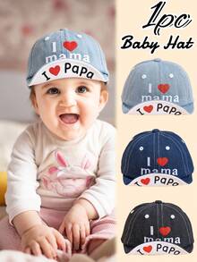 1pc Baby Summer Thin "I Love Mama/Papa" Embroidered Denim Baseball Cap, Fashionable & Cute Versatile Hat, Soft & Comfortable Sun Protection, Suitable For 1-2 Years Old Toddlers Outdoor Play And Daily Wear, Can Be Used As Holiday Gift - Multicolor - View 1