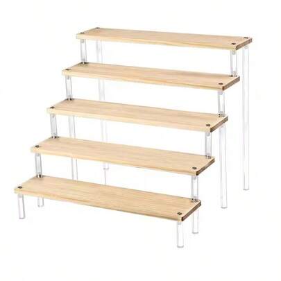 1-5 Tier Acrylic And Solid Wood Panel With Clear Acrylic Column Display Stand For Perfume, Cosmetic, Car Modle, Toy Storage Rack