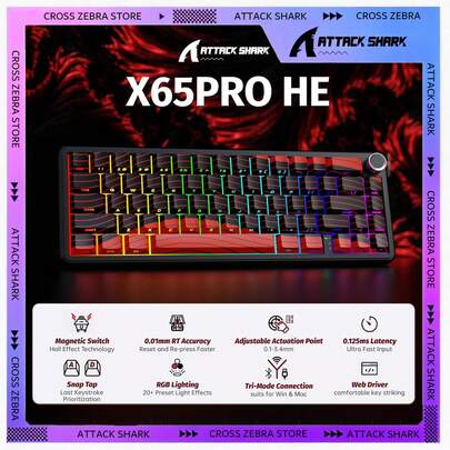  Tastatură de gaming wireless ATTACK SHARK X65PRO HE cu declanșare rapidă, precizie RT de 0,01 mm, rată de interogare de 8 kHz, tastatură cu fir cu comutator magnetic, tri-mod, acționare reglabilă, iluminare RGB pentru Windows PC/Linux/Gamer, sărbători, cadou pentru copii, Anul Nou 2026 - contur negru și galben/negru și roșu/alb