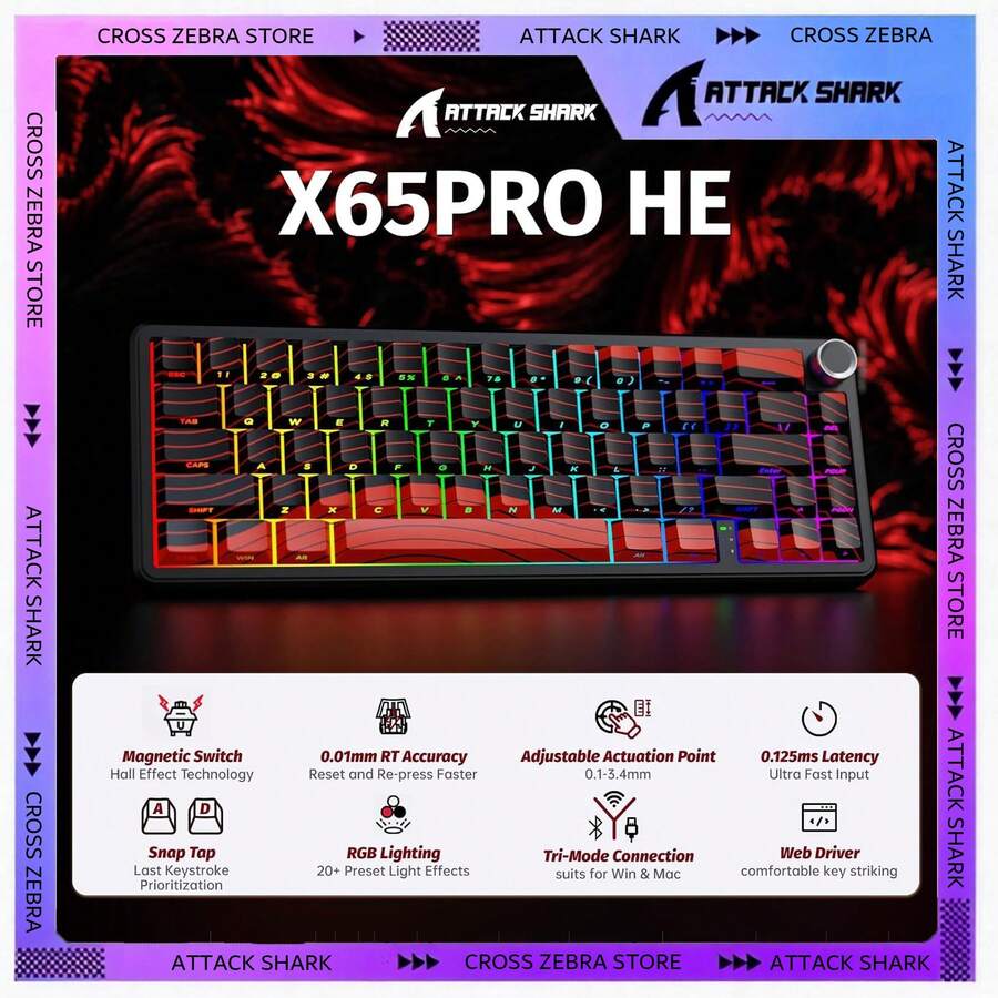 Bàn phím chơi game không dây ATTACK SHARK X65PRO HE Rapid Trigger, độ chính xác RT 0.01mm, tốc độ phản hồi 8KHz, bàn phím có dây với công tắc từ tính, ba chế độ, lực nhấn có thể điều chỉnh, đèn nền RGB dành cho PC Windows/ Linux/ Game thủ, quà tặng ngày lễ, quà tặng cho trẻ em, quà năm mới 2026 - Màu đen & vàng/ đen & đỏ/ trắng. - Nhiều màu - Xem 1