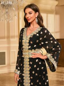 Gold Foil Leaf Patchwork Long Sleeve Dress - Black - View 8