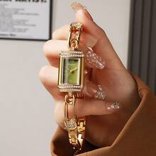 Women's Crystal Rhinestone Bracelet Watch With Chain Strap - Fashion Square Dial Quartz Watch, Avocado Green & Mother Of Pearl - 酪梨綠 - 查看 5