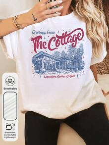 大码女式日常激烈比赛小屋图案圆领短袖休闲夏季女式上衣，安静小屋图案女式白色T恤 - 白色 - 查看 4