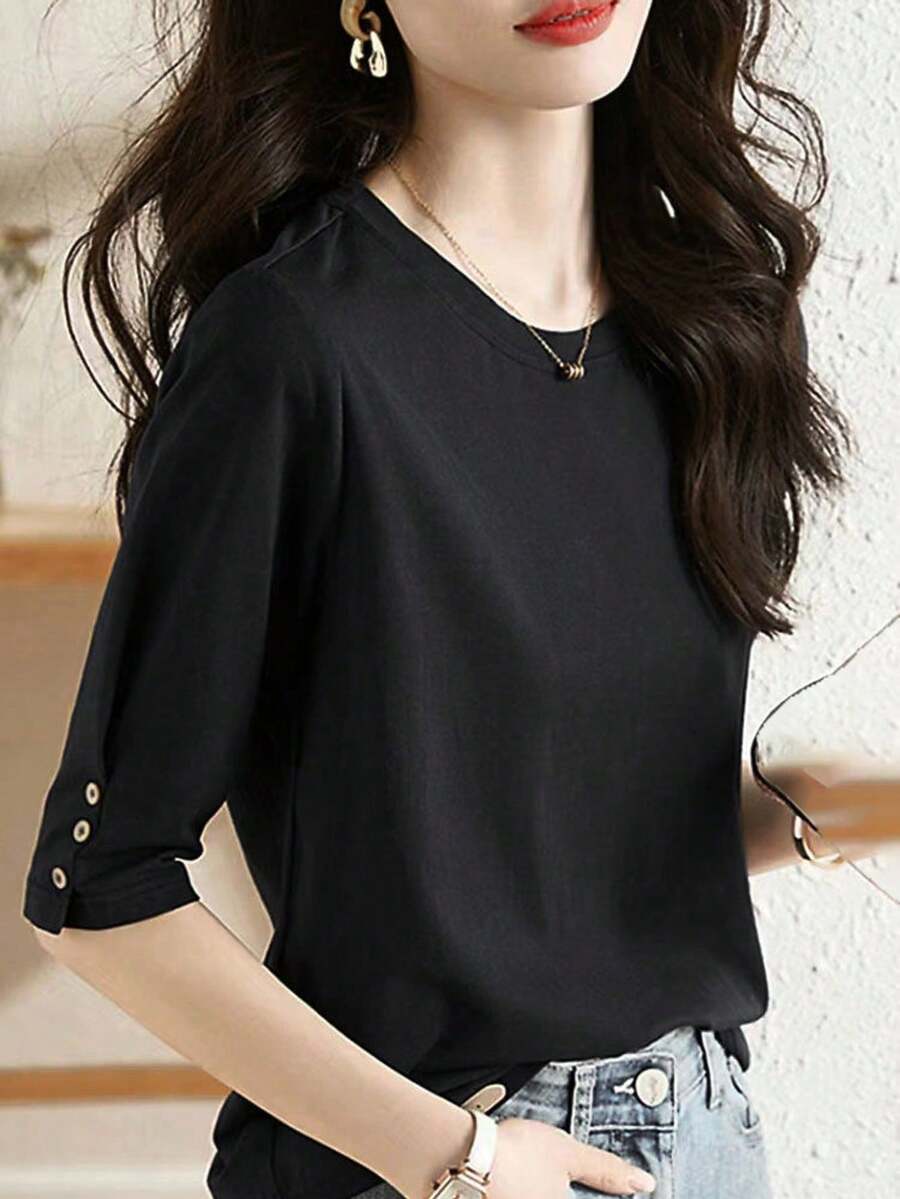 纽扣设计休闲中袖上衣，新款夏季时尚百搭圆领七分袖T恤，女士修身款 - 黑色 - 查看 1