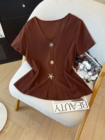 Camiseta de mujer de gran tamaño para primavera y verano, versátil, de unicolor con cuello en V, con hermosos acentos metálicos, casual de uso diario, cómoda para el verano, ropa de oficina para mujer, ropa de primavera y verano de uso diario para mujer, ropa elegante para mujer