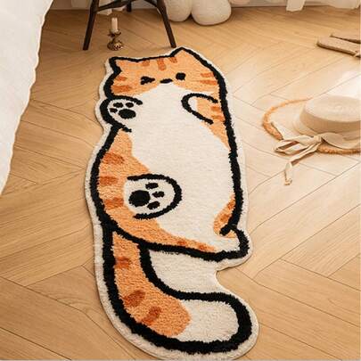 Thick High-Quality Faux Lambswool Dotted Plastic Bottom Cute Cartoon Cat Living Room Carpet, Creative Asymmetrical Plush Rug For Bedroom Bedside, Home Decor, Luxury Sofa Long Plush Mat