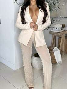 Chic, Polished, Essential, Warm, Fashion, Clean. Spring. Home, Work.   Sheer Pants And White Blazer Outfit - 米色 - 查看 4