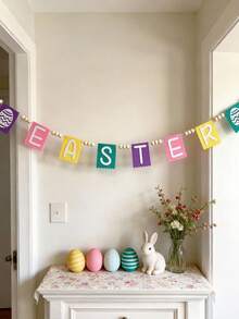 1 Stück Oster Buchstaben Banner Dekoration, buntes Oster Ei Muster Banner, Frühlingsfest Heim Dekoration, Buchstaben Wand Dekoration, sanfte Farbabstimmung, Filz Stil, Perlen Seil Dekorations Banner, geeignet für Wohnzimmer Kamin Regal Fenster Flur Party Dekoration, saisonale Feier Frühlings Thema Innen Dekoration, Fotografie Hintergrund Szene Präsentation - Verschiedenfarbig - Übersicht 4