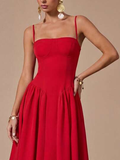 Women's Red Sleeveless Spaghetti Strap Party Dress, Fitted Silhouette, A-Line Mid-Length Skirt, Back Zipper Closure, Elegant Retro Fashion Style, Suitable For Evening Party, Date, Formal Dinner, Shopping, Casual Gathering, Summer Vacation, Spring Daily Wear, Graduation Ceremony And Other Occasions