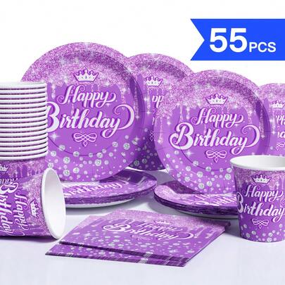 Juego desechable de plato, servilleta y vaso con corona de cristal morada y "Feliz Cumpleaños", adecuado para 10 invitados. Platos, servilletas y vasos de papel desechables aptos para cumpleaños, bodas, fiestas y picnics familiares