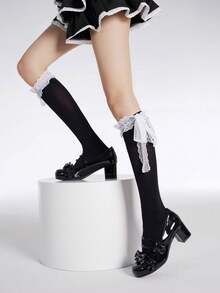 经典黑色蕾丝蝴蝶结过膝长袜，简约性感风格 - 彩色 - 查看 1