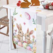 1pc Spring Easter Bunny Table Runner, Colorful Eggs & Floral Rustic Style Table Runner, Linen-Feel Farmhouse Table Runner, Seasonal Spring Kitchen Decor, Outdoor Holiday Party Decoration, Suitable For Home Decor, Family Party Table Setting - Multicolor - View 7