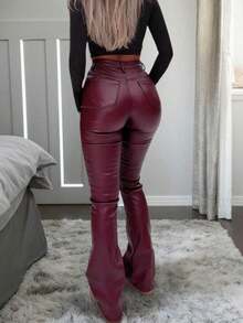 Women's High Waist Glossy PU Leather Wide Leg Pants, Matte Coated, Fashion Versatile, Suitable For Party, Commute, Music Festival, Vacation, Casual Straight Leg Pants, Spring/Summer Clothing, Best Seller, Y2K Style, Suitable For Party, Commute, Holiday, Festival, Outdoor Activities, Spring/Summer Wear, Suitable For Tall Women, Outfitting, Black, Trousers - 酒紅色 - 查看 6
