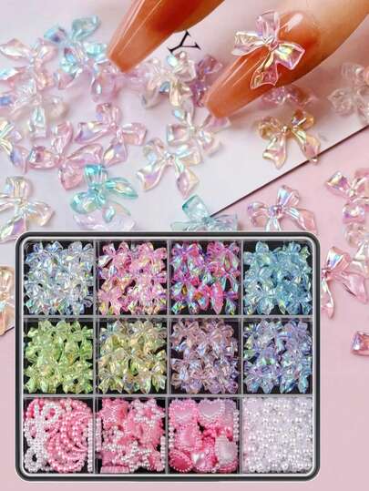 一盒彩虹3D树脂蝴蝶美甲装饰品，带丝带绑带 - 美甲装饰和扁平珍珠套装，包含各种蝴蝶结、星星和心形水钻、白色珍珠珠（2-6毫米），适用于DIY 3D美甲设计、服装和手机装饰，包含取珠笔和镊子，无香型