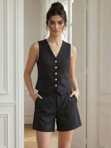 A&DD MODA, REF:LE513 - Women's Set - This Women's Vest And Shorts Set Includes An Exclusive Embroidered Vest With A Front Opening, Combined With High-Waisted, Straight-Cut Shorts That Perfectly Flatter The Legs. Ideal For Everyday Wear And The Workplace. - 黑色 - 查看 1