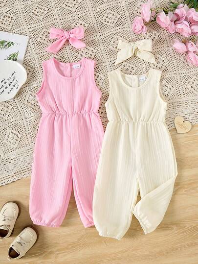 4pcs Baby Girls' Solid Color Cute Sweet Camisole Romper + Matching Headband Set, Summer. Back Single-Row Button Design, Easy To Wear, Minimalist & Versatile Baby Romper Set