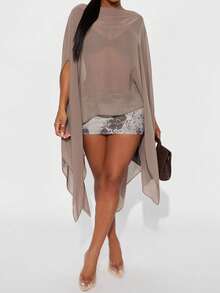 大码雪纺薄纱斗篷上衣，性感Y2K风格，适合夜店和街头夏季穿着 - 卡其色 - 查看 8