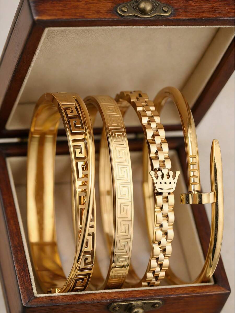 4/1 pieza Set de pulseras de lujo doradas, pulseras grabadas geométricas, accesorios versátiles adecuados para uso diario, regalo del Día de San Valentín, regalo para amigos y novias - Dorado - Ver 1