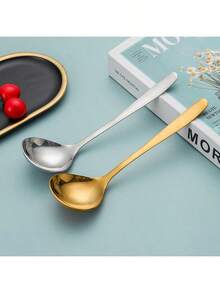 Korean Style Stainless Steel Small Soup Spoon, Thick Stainless Steel Soup Ladle, Household Mixing Spoon, Sauce Spoon, Japanese Ramen Spoon, Tableware - Multicolor - View 2