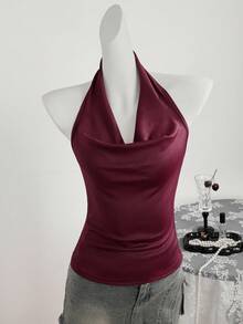 Burgundy Women's Draped Backless Camisole, Front Draped Design, Low-Cut Backless, Ruched Backless Sleeveless Cropped Style - Burgundy - View 3