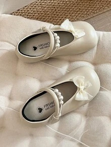 1双儿童珍珠带PU皮防滑圆头平底公主风玛丽珍鞋 生日派对/日常婴儿平底鞋 - 米色 - 查看 7