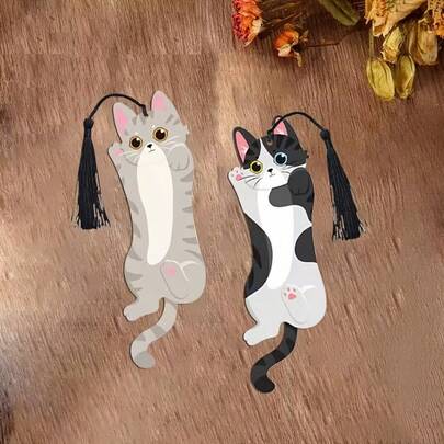 2D Flat (1 Tricolor Cat & 1 Tabby Cat) Anime Style Bookmarks With Tassels - Adorable Cyclops Cat Design, Feline Characters And Paw Print-Like Claws, Glossy Surface - Book Lover's Page Holder, Thanksgiving Gift For Cat Lovers - Durable Bookmark Set With Tassels And Distinct Eyes - Creative Gift, No Electricity Required