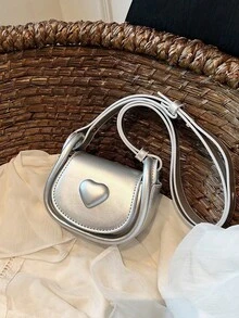 Mini Fashionable Crossbody Bag, Minimalist Heart Shaped Saddle Bag - Silver - View 1