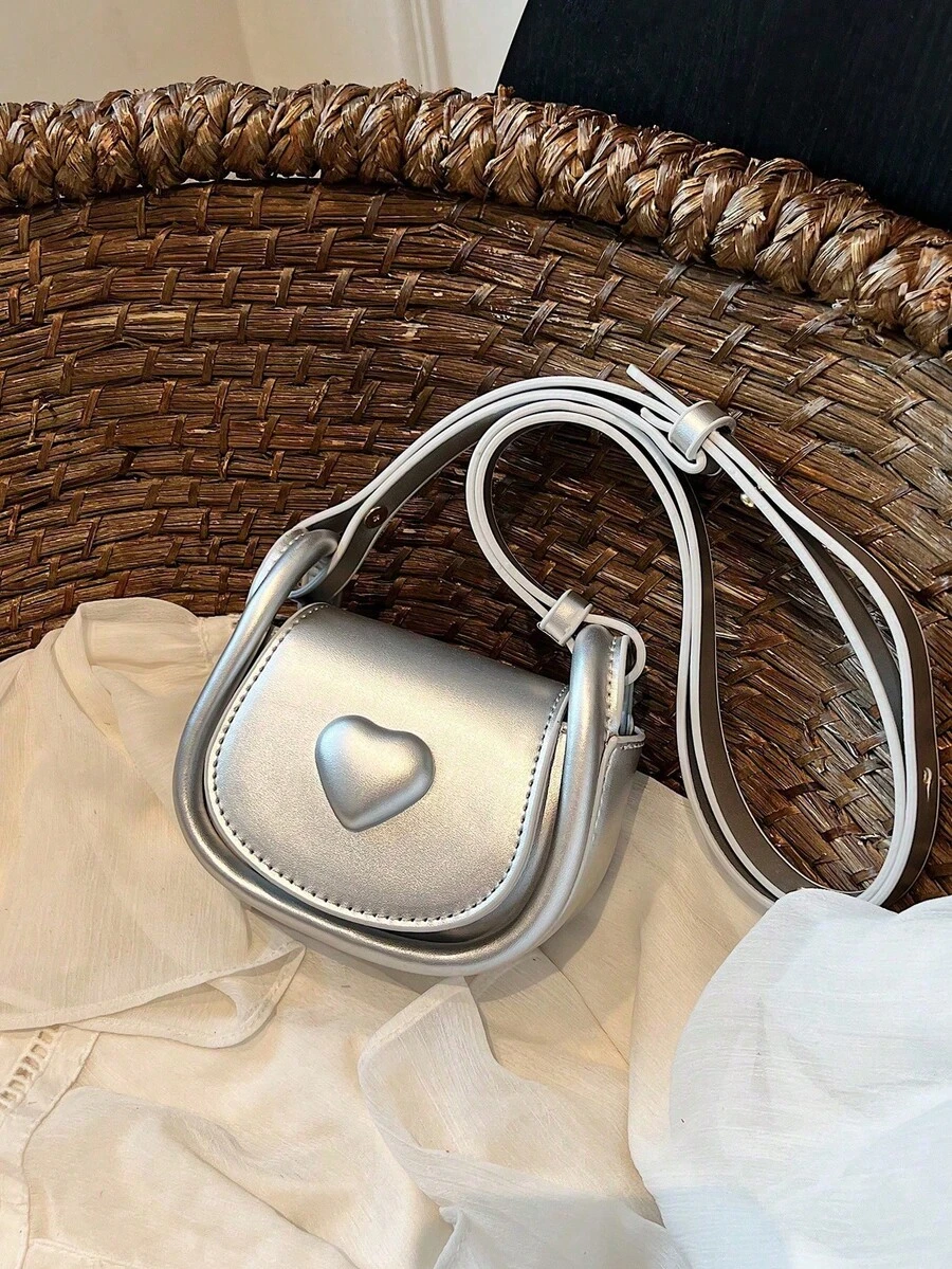 Mini Fashionable Crossbody Bag, Minimalist Heart Shaped Saddle Bag - Silver - View 1