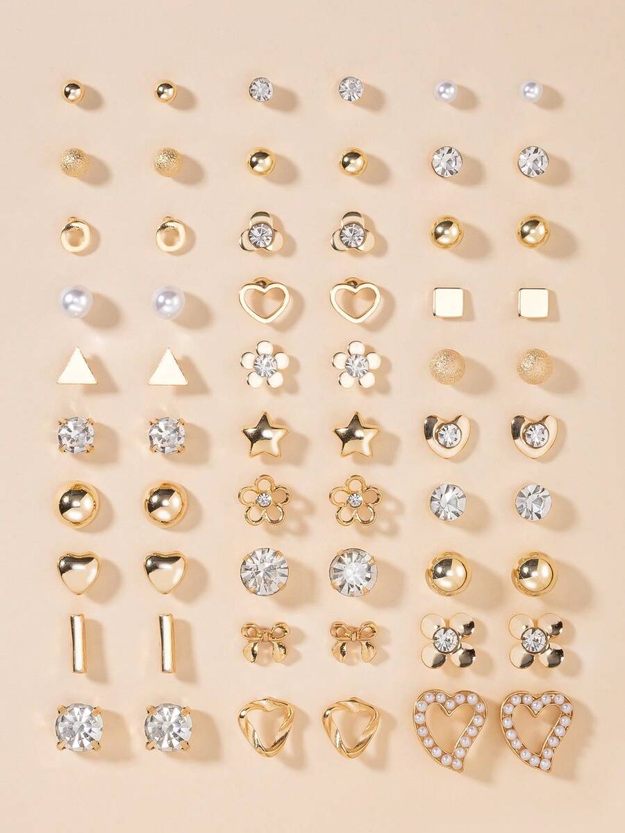 30对女士精致金属树、贝壳、珍珠、心形耳环套装 - 金黃色 - 查看 1