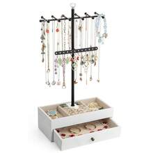 Meangood Jewelry Organizer Stand, 3-Tier Necklace Holder Jewelry Tree With Wooden Storage Drawer Box For Necklace Bracelet Earring Ring,White - 淺白 - 查看 1