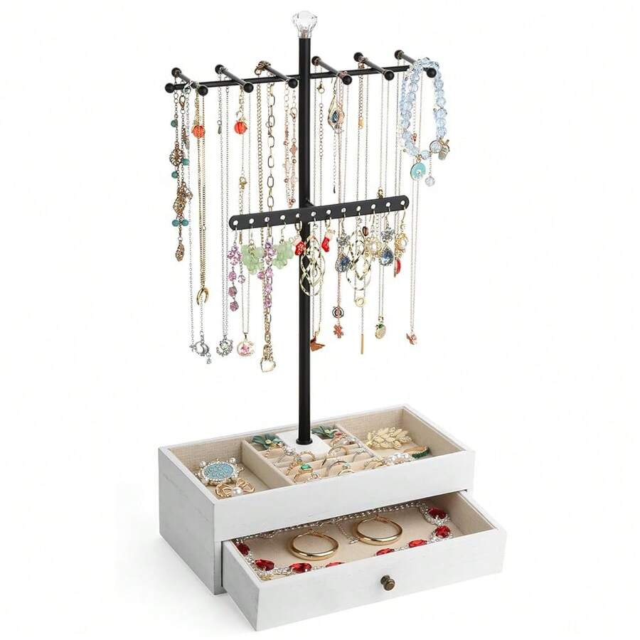 Meangood Jewelry Organizer Stand, 3-Tier Necklace Holder Jewelry Tree With Wooden Storage Drawer Box For Necklace Bracelet Earring Ring,White - 淺白 - 查看 1