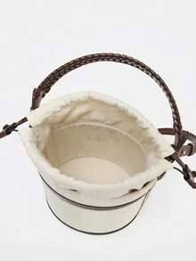 新款时尚经典百搭纯色PU防水手提包，女士设计，抽绳设计，撞色水桶包/斜挎包。女士钱包，适合购物、工作、旅行。 - 查看 4