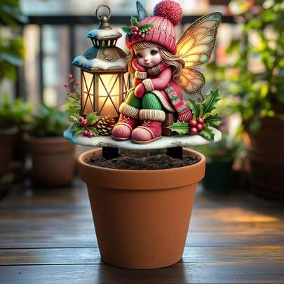 Enchanted Elf Lantern Fairy Garden - Waterproof Acrylic, No Power Needed, Perfect For Christmas & Outdoor Holiday Decor, Includes Pole For Easy Setup
