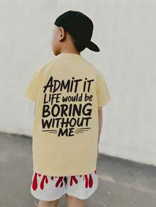 Young Boy Casual Graphic Print Crew Neck Short Sleeve T-Shirt, Summer Top - Apricot - View 5