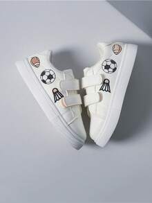 Children's Fashion Badminton And Soccer Embroidered Hook And Loop Glossy Leather Casual Sneakers - White - View 5