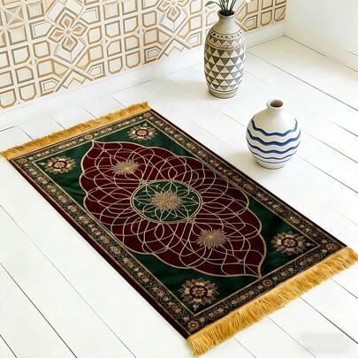 1件装深色几何花卉图案装饰地毯，带金色流苏，波西米亚风格，毛绒地毯，厚地毯，绒毛地毯，秋冬季地毯