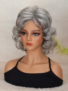 Tóc giả nữ kiểu cơ bản, xoăn gợn sóng, dài ngang vai, có mái, chất liệu sợi tổng hợp chịu nhiệt cao, lưới hoa hồng, độ dày 150%, đa năng cho cả sử dụng hàng ngày và các dịp đặc biệt - Màu xám 10 inch - Bạc - Xem 3