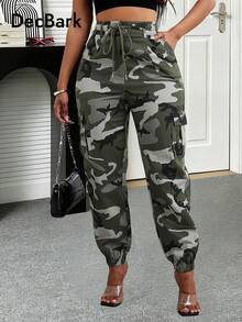 High Waist Camouflage Cargo Pants For Women, American Vintage Loose Fit Drawstring Waist Pockets Casual Trousers, Spring/Autumn Elegant - Army Green - View 2