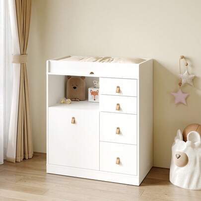 FUFU&GAGA オムツ替え台 木製 おむつ交換台 収納付き チェストタンス サイドボード 大容量 ホワイト 幅80×奥行46×高さ94cm メラミン天板 お手入れ簡単 ベビーケア 保育園 家庭用 出産祝い キッズチェスト