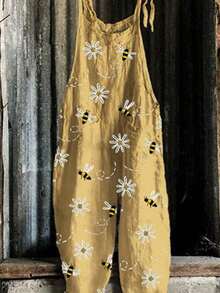 Womenacute;S Spaghetti Strap Jumpsuit Stylish Retro Print Suspender Pants Sleeveless Summer Overalls - Màu vàng - Xem 4