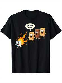 Funny Marshmallow Hug Camping T-Shirt, 180g, Camping Clothes, Casual Wear, Funny Design, Humorous Pattern, Breathable Fabric, Durable T-Shirt, Novelty Top, Printed Style, Gift For Friends, Suitable For Campers And Hiking Enthusiasts - 黑色 - 查看 6