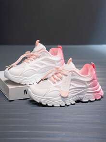 زوج من الأحذية المسطحة ذات اللون التدرجي للجنسين، أحذية رياضية ناعمة القاع غير قابلة للتنفس للأطفال عصرية وجذابة، أحذية جري متعددة الوظائف وأنيقة، مناسبة للطلاب للارتداء اليومي في جميع الفصول (الأرضية) - وردي - مشاهدة 5