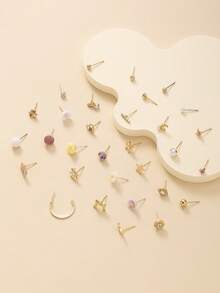30 Pairs Women Metal Tree, Shell, Pearl, Heart Shaped Earrings Set, Gift - Multicolor - View 3