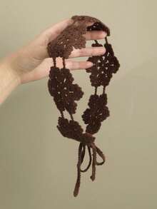 1pc Handmade Crochet Headband - Hollow Flower Design - Adjustable Tie - Boho Style Hair Accessory - Vacation & Photography Prop Fashion Hair Band - Brown - View 6