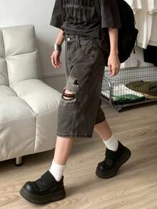 Quần jeans denim ống đứng dáng rộng, rách nhẹ, bạc màu dành cho nữ, thích hợp cho mùa hè. - Xám đậm - Xem 3