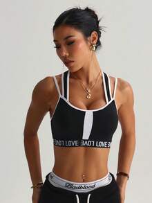 女士时尚纯色黑白可拆卸衬垫运动针织文胸 - 黑與白 - 查看 6