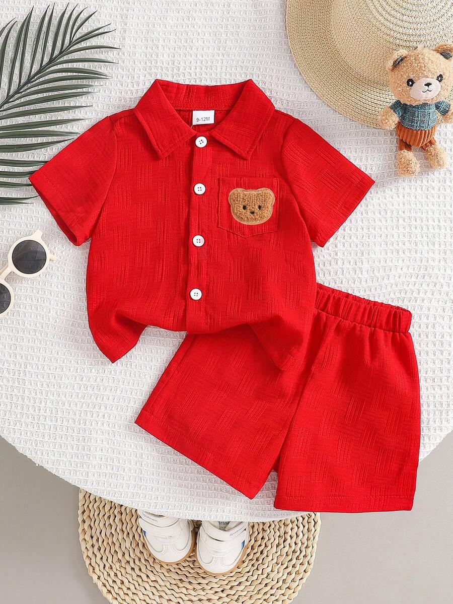 2pcs/Set Young Boy Textured Pocket Bear Embroidery Shirt And Shorts Street Fashion Children Outfit - Red - View 1